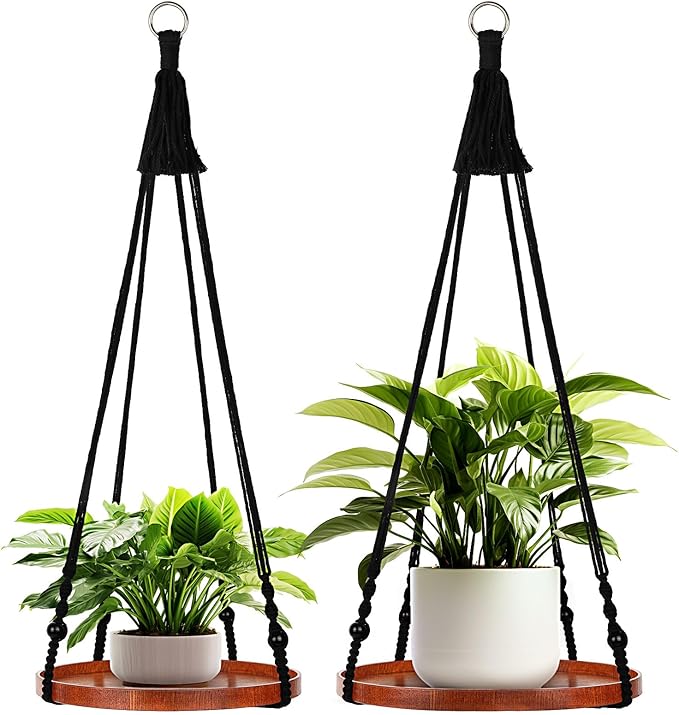 E-Know Macrame Plant Hanger - 2 Set Indoor Hanging Planter Shelf - Hanging Planter Rack Decorative Flower Pot Holder - Handmade Cotton Plant Hangers with Wood Tray