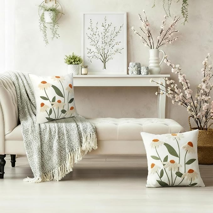 Breling 2 Pack Spring Embroidered Floral Pillow Covers 18x18 Inch Daisy Decor Decorative Velvet Boho Pillow Cases Embroidered Tufted Couch Pillows Covers for Living Room Sofa Bed Spring Decor