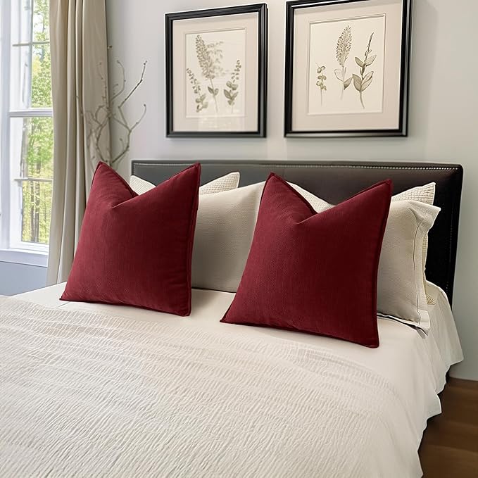 MIULEE Pack of 2 Burgundy Decorative Pillow Covers 18x18 Inch Soft Chenille Luxurious Couch Throw Pillows Farmhouse Cushion Covers with Elegant Design for Sofa Bedroom Living Room Decor