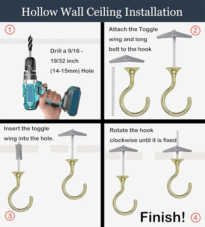2 Sets Heavy Duty Swag Ceiling Hooks with Hardware for Hanging Plants, Cavity Wall Fixing, Easy Installation, Holds Up to 30lbs, Ideal for Home & Garden (2 Sets, Gold)