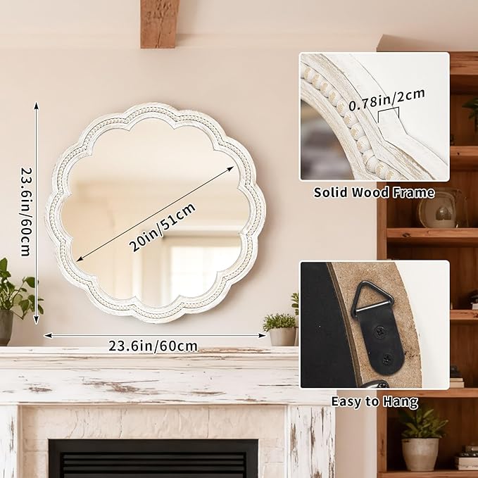 24 Inch Round Wall Mirror, Whitewashed Wooden Frame with Scalloped Edge & Beaded Trim, Decorative Farmhouse Boho Mirror for Bedroom, Bathroom, Living Room, Entryway