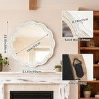 24 Inch Round Wall Mirror, Whitewashed Wooden Frame with Scalloped Edge & Beaded Trim, Decorative Farmhouse Boho Mirror for Bedroom, Bathroom, Living Room, Entryway