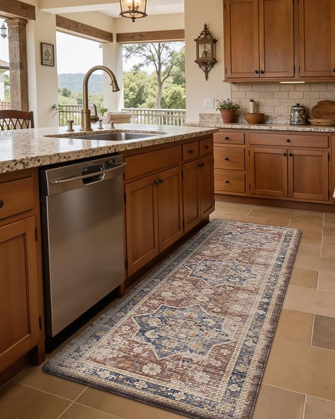 DEXI Kitchen Floor Mats Anti Fatigue, 23x59 Large Cushioned Vintage Runner Rug Waterproof, Standing Comfort Memory Foam Padded for Front Sink Laundry Office, Reddish Brown