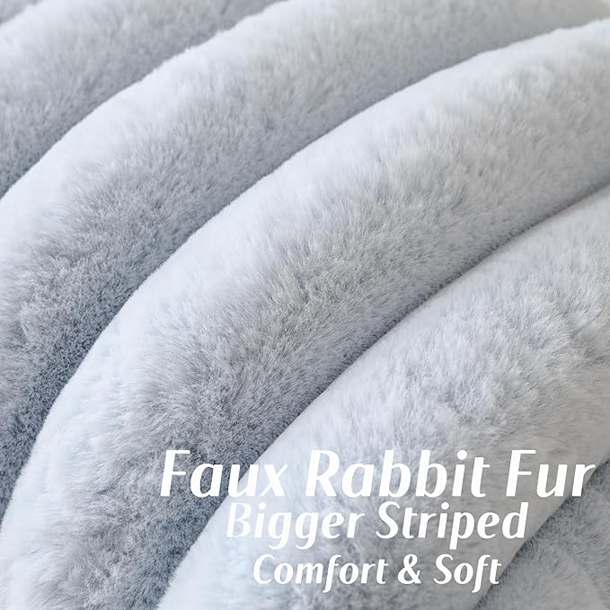 FUTEI Light Blue Decorative Throw Pillow Covers 12x20 Inch Set of 2, Square Soft Faux Rabbit Fur Thick Striped Lumbar Pillow Case,Spring Home Decor for Couch Bed Living Room