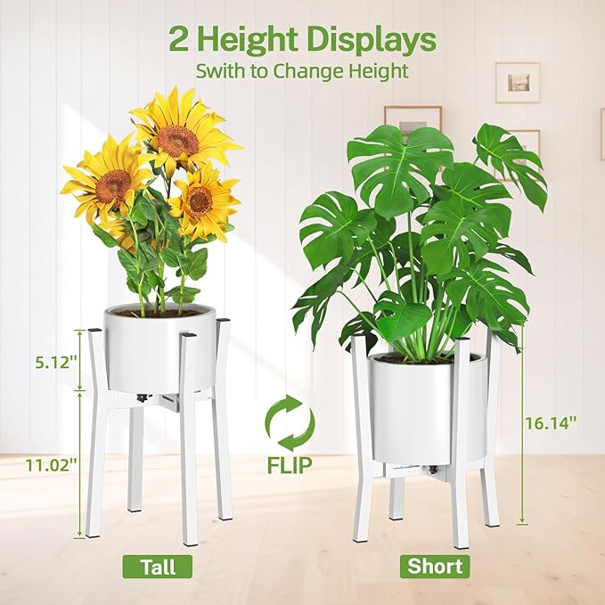 iDavosic.ly Adjustable Plant Pot Stand Indoor Outdoor, Metal Short Single Flower Holder Fits 8 to 12 Inch Large Heavy Duty Planter (Not Included) | White