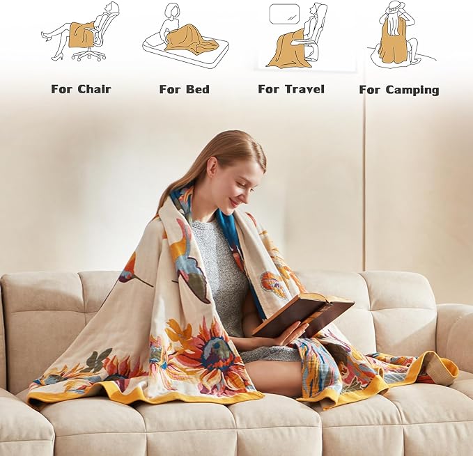 Boho Throw Blanket for Couch 100% Cotton Soft Breathable Butterfly and Floral Double Embroidery Spring Throw Blanket,50"x60" All Season Reversible Throws for Sofa Chair Bohemian Decor for Livingroom