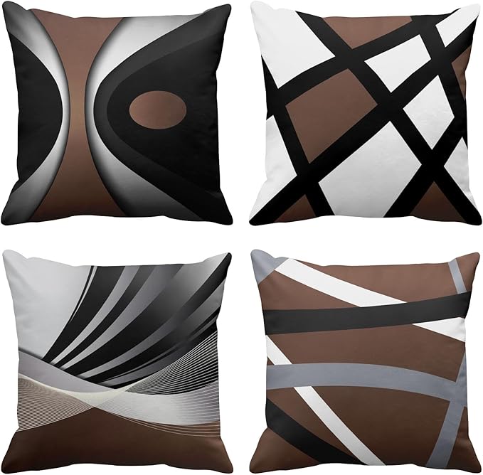 Emvency Set of 4 Brown Throw Pillow Covers Modern Abstract Black Grey White Stripes Acrylic Bold Decorative Pillow Cases Home Decor Square 18x18 Inches Pillowcases