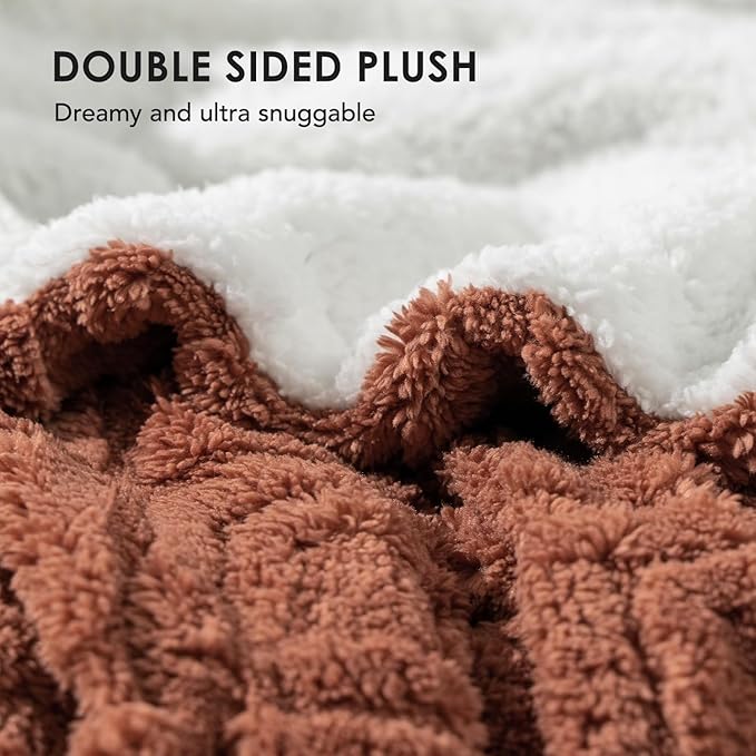 EverGrace Jacquard Boho Sherpa Fleece Throw Blanket for Couch, Super Soft Cozy Fuzzy Plush Blankets for All Seasons, Reversible Thick Warm Blanket for Bed, Sofa, Living Room, Terracotta, 50" x 60"