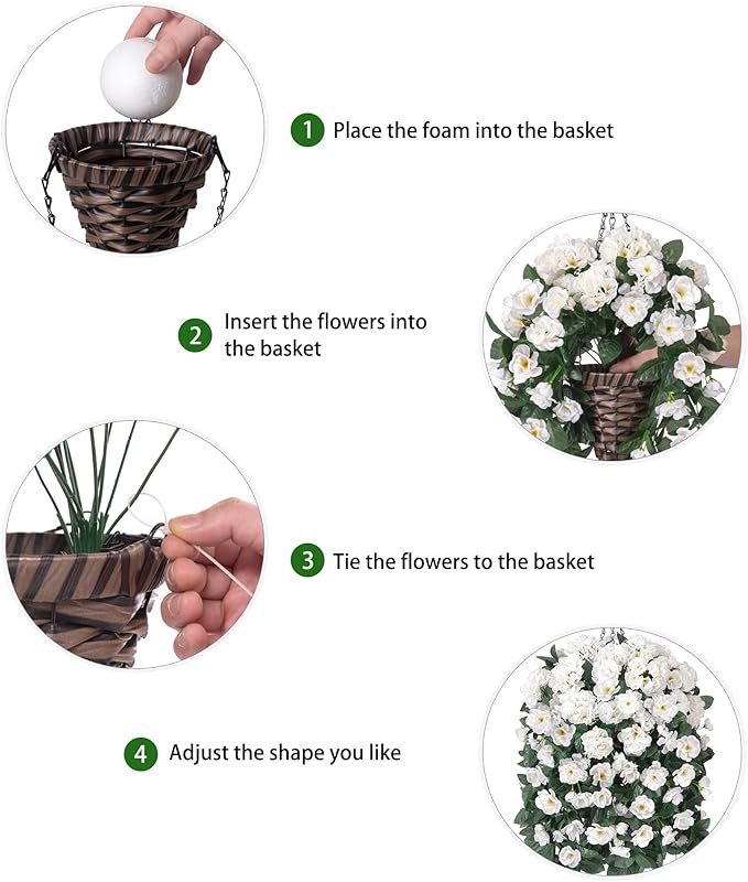 Artificial Geraniums Fake Hanging Flowers Basket for Spring Outdoor Decoration, Faux Plants Silk Geraniums Vines in Planter UV Resistant Look Real for Outdoors Yard Patio Porch Home Decor, White