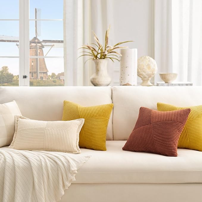 Topfinel Yellow Decorative Throw Pillow Covers 16x16 Inch Cute Boho Stripe Soft Corduroy Modern Farmhouse Spring Home Decor 2 Packs Pillow Covers for Sofa Living Room Couch Bed 40x40 cm