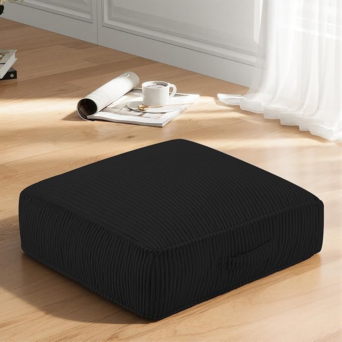 Floor Pillow for Adults, 8" Square Floor Cushions with Washable Cover, Large Corduroy Meditation Pillow, 22 inches Tatami Seat with Handle for Living Room or Yoga, Black