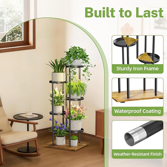 iDavosic.ly 5 Tier Plant Stand Indoor with Grow Lights, Tiered Corner Multiple Flower Pot Holder Shelf, Metal Tall Display Rack for Porch Living Room Balcony Bedroom, Modern Black & Rustic Brown