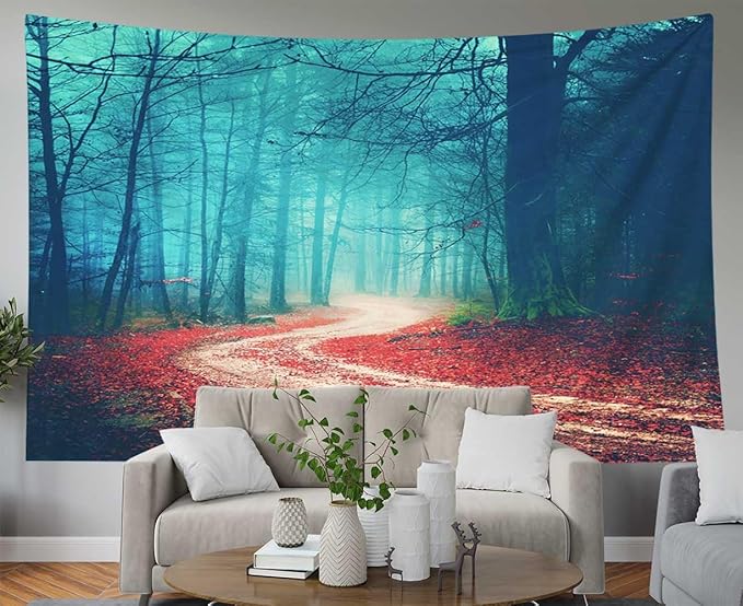 EMMTEEY Halloween Foggy Forest Tapestry Autumn Forest Road Red Leaves Boy Tapestry for Bedroom 60X40 Landscape Tapestry Present for Families