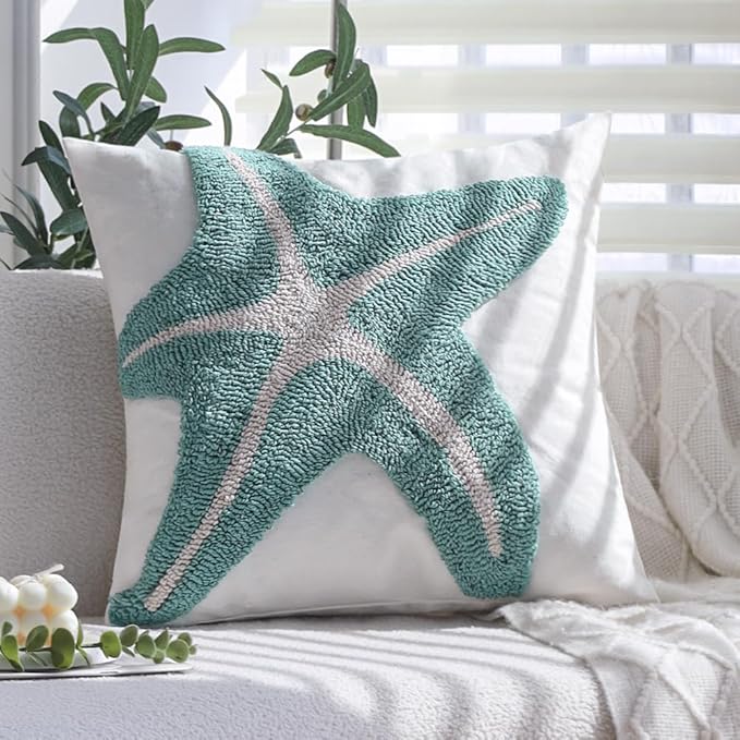 Tufted Starfish Throw Pillow Cover Set of 2, 18x18 Inch Beachy Coastal Decor Pillows for Couch Bed Sofa, Soft Canvas Decorative Pillow Covers with Ocean Theme Accent, Sea Star Tufting Pillowcases