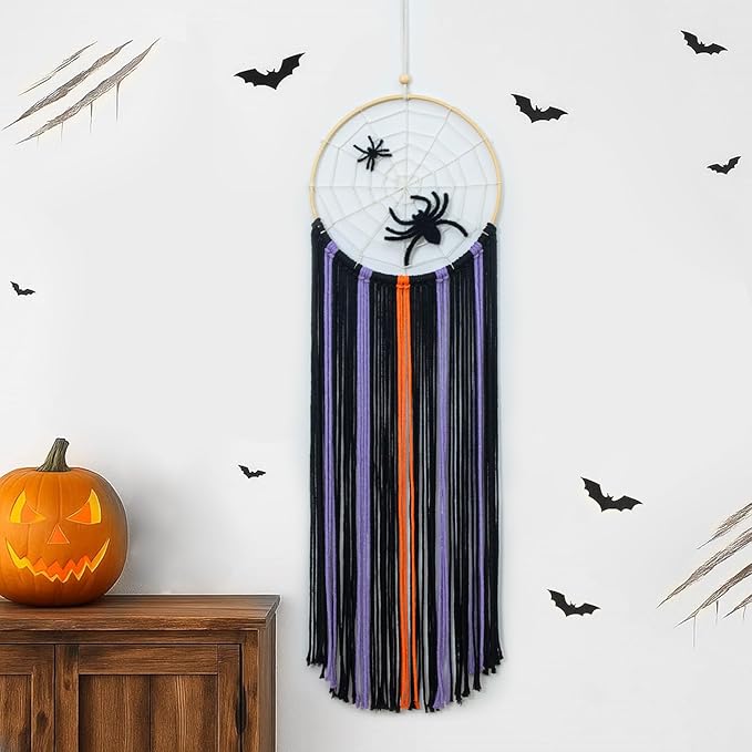 EOBTAIN Halloween Macrame Wall Hanging,Spider Web Dream Catchers,Black Purple and Orange Tassels Pure Cotton Cord Textile Wall Art,Halloween Decorative Woven Tapestry for Home Decor,9.8x32.8 Inch