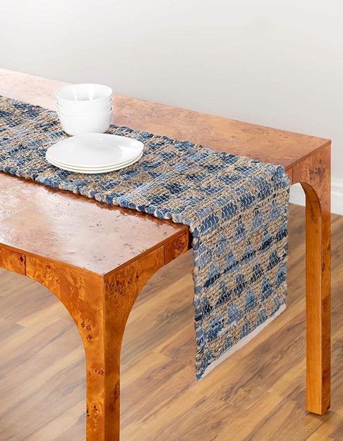 Unique Loom Chindi Jute Collection Area Rug (1' 2" x 10' Table Runner, Navy Blue/ Natural)