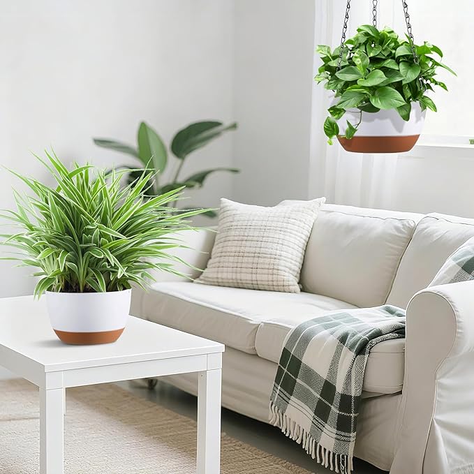 Set of 2 Hanging Planters for Indoor Outdoor Plants, 8 Inch Self-Watering Hanging Flower Pots with Drainage Hole & Removable Water-Storage Tray (Hooks)