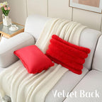 FUTEI Red Decorative Throw Pillow Covers 12x20 Inch Set of 2, Square Soft Faux Rabbit Fur Thick Striped Lumbar Pillow Case,Spring Home Decor for Couch Bed Living Room