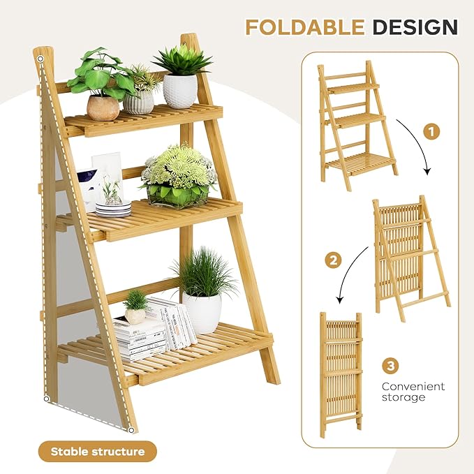 39.4" Foldable Plant Shelf Ladder Shelf, 3 Tier Bamboo Ladder Flower Pot Display Shelf, Freestanding Ladder Bookshelf for Garden, Balcony, Yard, Living Room, 23.6"W x 15"D x 39.4"H, Natural