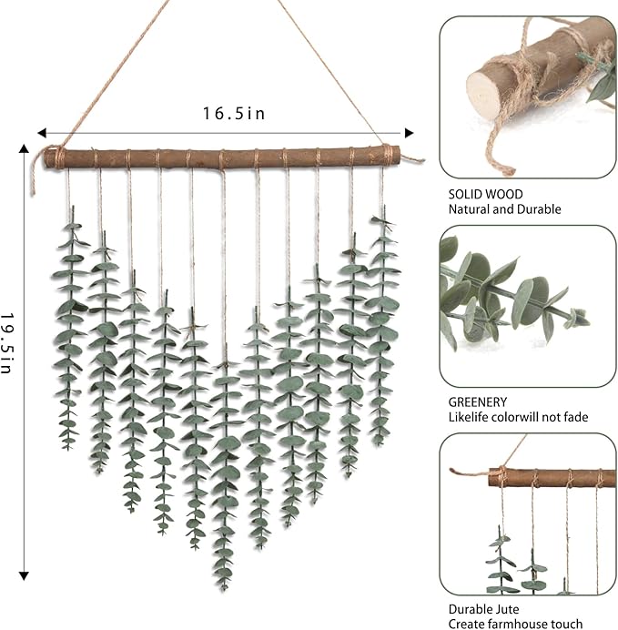Artificial Hanging Eucalyptus Plant Wall Decor Fake Greenery Leaves Stems on 16.5in Stick Boho Rustic Nature Farmhouse Green Wall Art for Bathroom Bedroom Kitchen Nursery Office