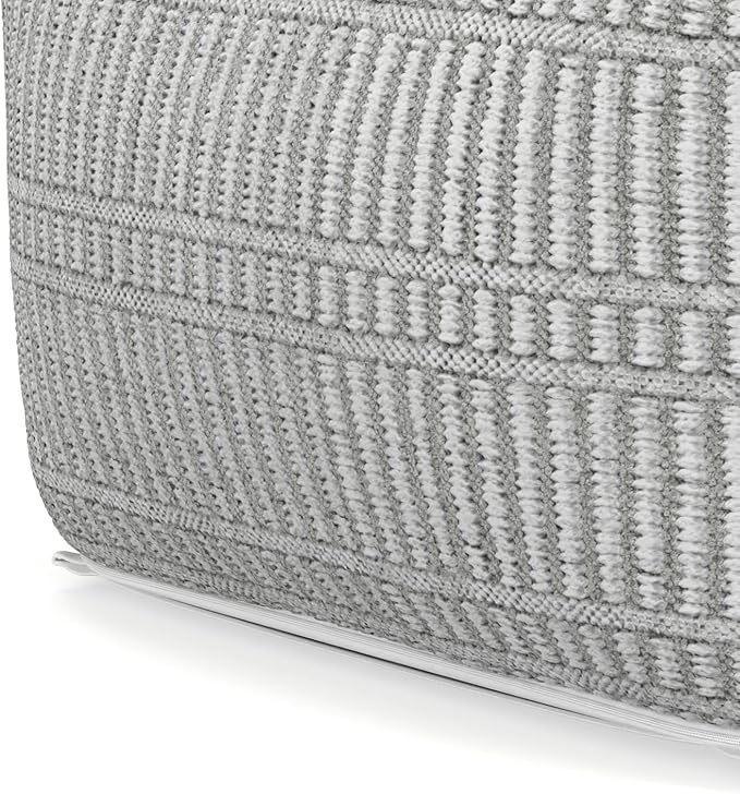 SIMPLIHOME Safford Square Pouf - 20 inch Wide Upholstered PET Polyester Ottoman in Grey and White, Boho Indoor/Outdoor Footstool or Extra Seating for Living Room or Bedroom, Assembled