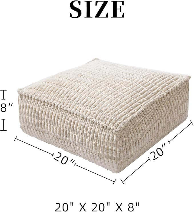 Unstuffed Pouf Ottoman Soft Square Bean Bag Storage Pouf Cover 20x20x8 Inches Decorative Floor Footrest for Living Room Bedroom Outdoor (Beige, Square)