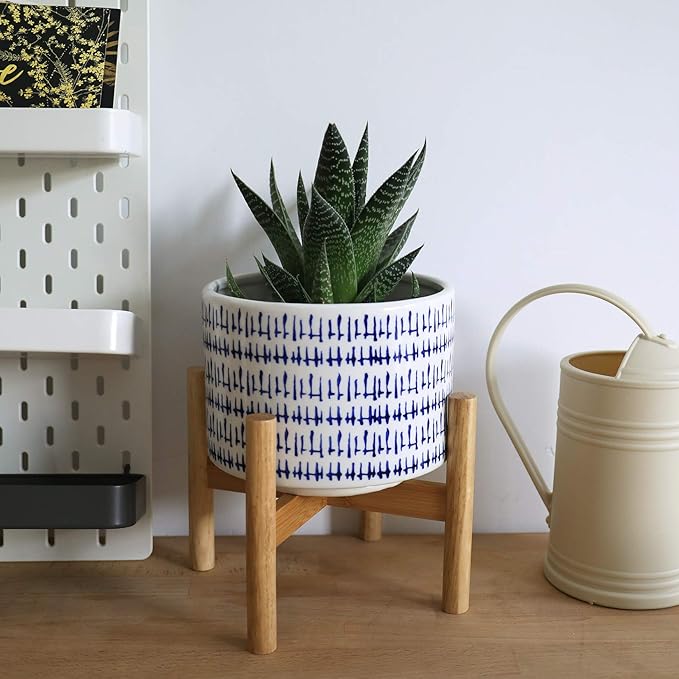 LA JOLIE MUSE Blue Planter with Stand - 7.3 Inch Retro Round Decorative Flower Pot Indoor with Wood Planter Holder, Blue and White, Home Decor Gift
