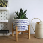 LA JOLIE MUSE Blue Planter with Stand - 7.3 Inch Retro Round Decorative Flower Pot Indoor with Wood Planter Holder, Blue and White, Home Decor Gift