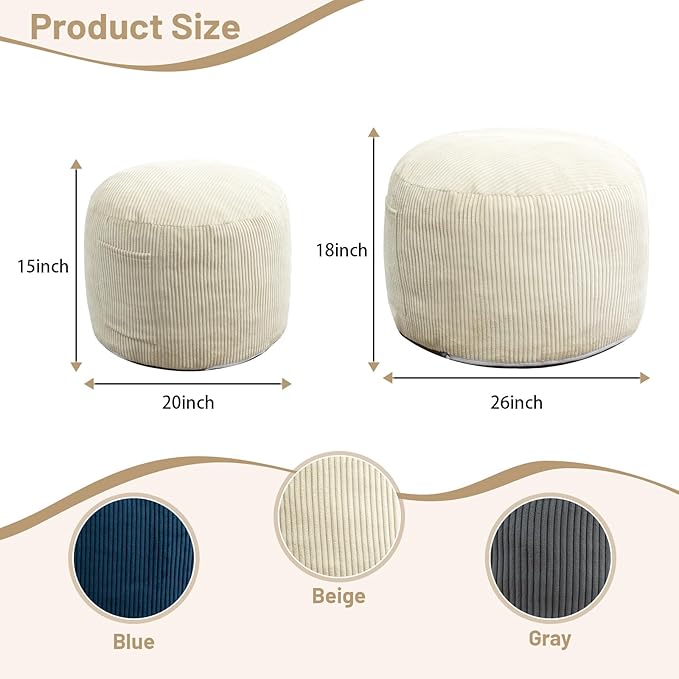 Round Stuffed Pouf Ottoman,Corduroy Foot Rest with Rebound Foam Filled, Furry and Fluffy Foot Stool Ottoman, Floor Poufs for Living Room (Beige, 20" D x 20" W x 15" H)