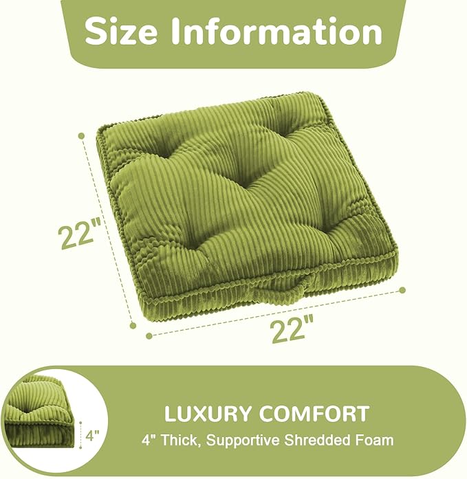 Floor Pillow Set of 2, 22x22 Tufted Floor Cushion for Adults, Square Large Meditation Cushion Pillow, Corduroy Sitting Pillow with Handle, Yoga Seating for Tatami, Light Green