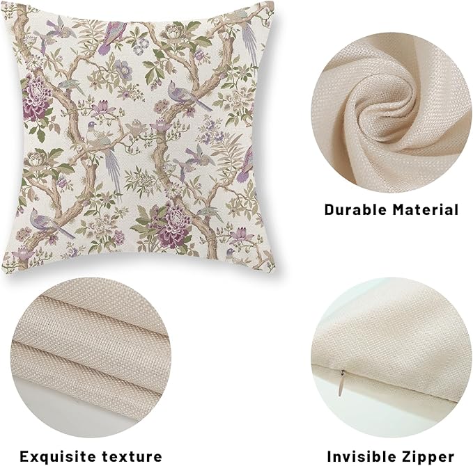 Chinoiserie Pillow Covers 18x18 Set of 2 Purple Green Floral Bird Throw Pillows Vintage Flowers Bird Decorative Pillow Cases Outdoor Chinoiserie Decor Farmhouse Cushion Case for Couch Sofa