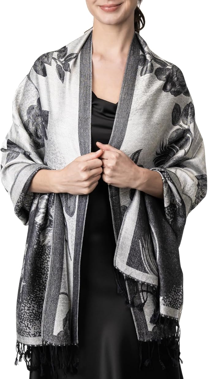 Achillea Reversible Paisley Pashmina Rave Scarf – Exotic Indian Shawls and Wraps for Evening Dresses, Festivals, All Seasons