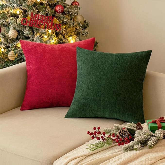 MIULEE Pack of 2 Dark Green Decorative Christmas Pillow Covers 24x24 Inch Soft Chenille Couch Throw Pillows Eruo Sham Farmhouse Cushion Covers for Home Decor Sofa Bedroom Living Room