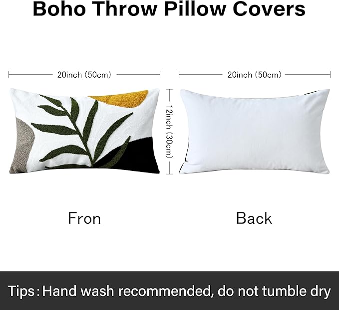 Boho Embroidered Throw Pillow Covers 12x20, Lumbar Decorative Pillow Covers Tufted Abstract Modern Leaf Sun Textured Couch Cushion Cases for Sofa Bed Living Room Decor (1PC, Black Orange)