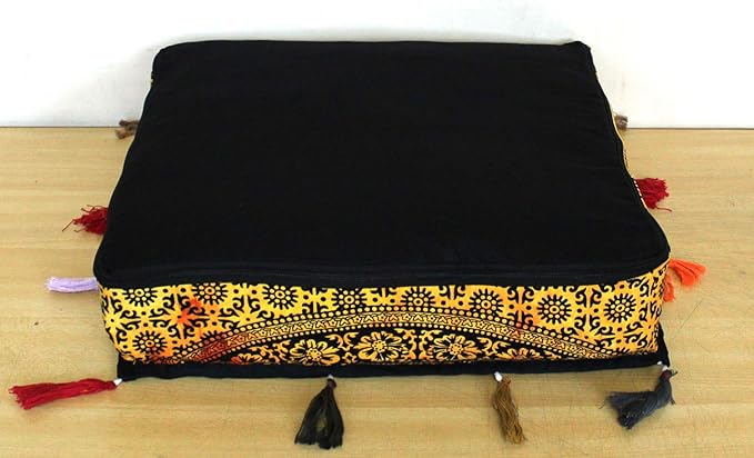ICC Large Square Cotton Mandala Cushion Cover Hippie Ottoman Pouf Cover Daybed Floor Pillow Cover with Heavy Duty Zipper Seating Ottoman Poufs Dog-Pets Bed (Yellow 4 flower, 18" Square)