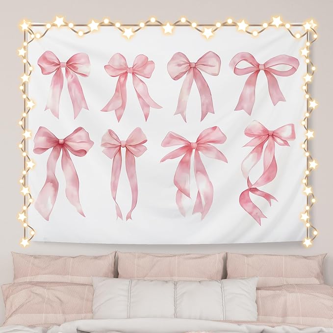 AQYIP Trendy Coquette Pink Bow Tapestry, Preppy Pink Tapestry, Girly Aesthetic Wall Blanket Decor for Girls Room Dorm Apartment Bedroom, 50x60 Inch