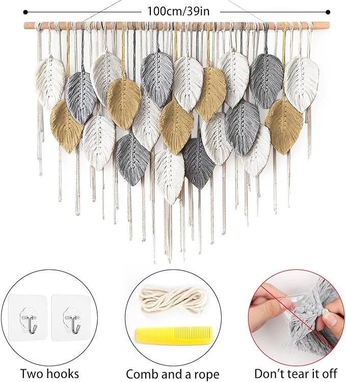 LOMOHOO Large Macrame Wall Hanging, Boho Home Decor, Bohemian Woven Tapestry Leaf Feather Wall Art Decoration for Living Room Bedroom Apartment Gallery Dorm Perfect Handmade Gift Ideas 39" W x 30.7" L