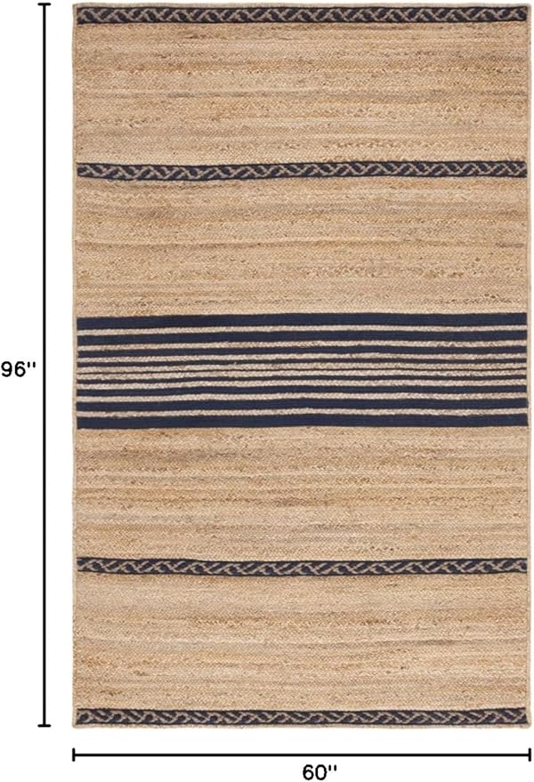 SAFAVIEH Natural Fiber Collection Area Rug - 5' x 8', Natural & Navy, Handmade Stripe Boho Farmhouse Rustic Braided Jute, Ideal for High Traffic Areas in Living Room, Bedroom (NFB262N)