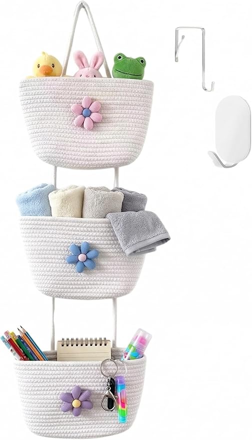 3 Tier Cotton Rope Hanging Wall Basket, Cute Flower Decor Wall Mounted Storage Organizer for Nursery, Bathroom, Kitchen, Kids Room, Boho Woven Hanging Shelf with 2 Hooks