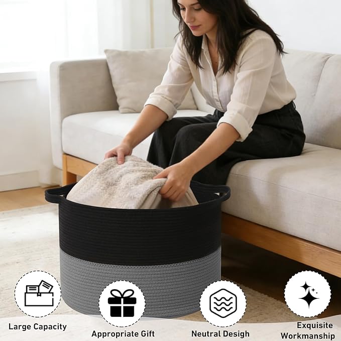 65L Large Blanket Basket,19.7" L x 19.7" W x 13" H Rope Woven Baskets with Handles, Toys Storage Bins,Laundry Basket Perfect for Living Room, Nursery,Bedroom,Home Organization,Black&Dark Grey
