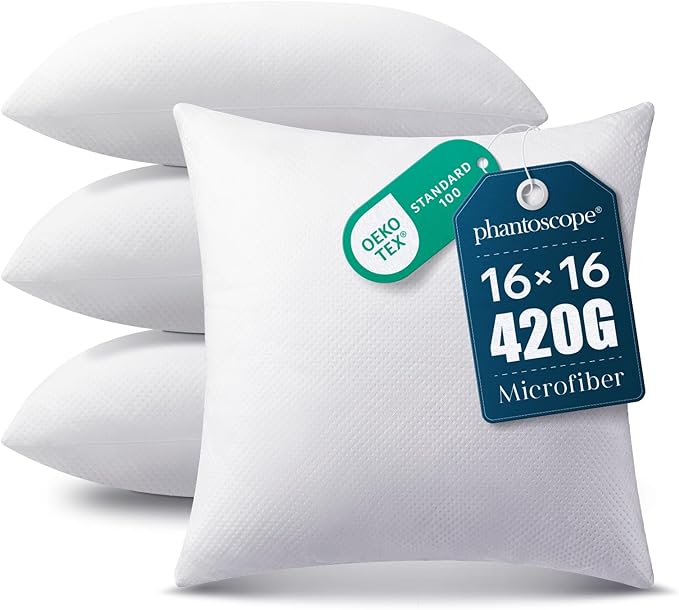 Phantoscope Pillow Inserts, Hypoallergenic 100% Virgin Fiber Square Form Microfiber Throw Pillow Inserts Couch Bed Pillows, 16x16 Inch (Pack of 4)
