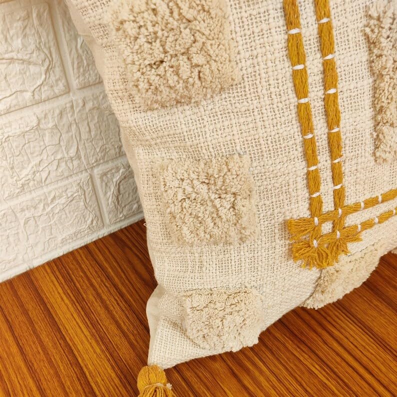 Boho Tufted Tassel Throw Pillow Cover, Mustard Yellow Geometric Square Decorative Cushion Case, Textured Woven Neutral Pillowcase for Couch Sofa Bedroom Home Decor, 18x18 Inch (Pillow Insert Not Inclu