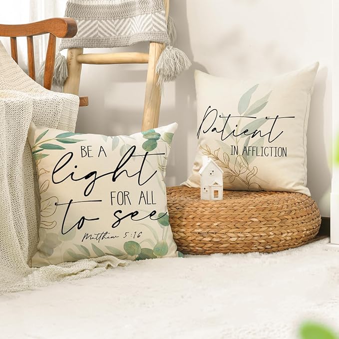 AVOIN colorlife Eucalyptus Leaves Fall Throw Pillow Covers, 18 x 18 Inch Green Leaves Be A Light for All to See Cushion Case Decoration for Sofa Couch Set of 4