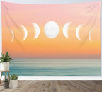 LB Orange Sky Moon Phase Tapestry, Pink and Orange Sunshine Over Teal Ocean Wall Tapestry for Bedroom, Nature Landscape Wall Art for Living Room Home Decor, 48 x 36 Inches