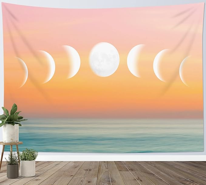 LB Orange Sky Moon Phase Tapestry, Pink and Orange Sunshine Over Teal Ocean Wall Tapestry for Bedroom, Nature Landscape Wall Art for Living Room Home Decor, 48 x 36 Inches