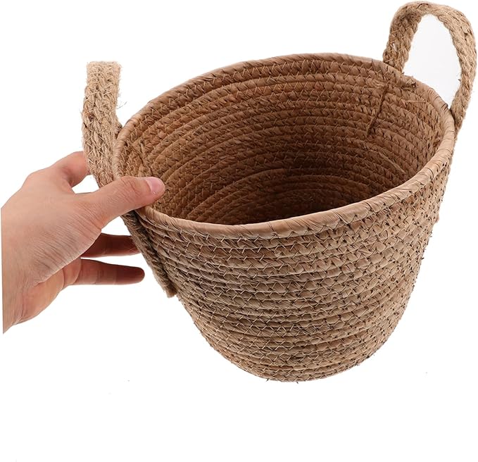 1Pcs Woven Seagrass Plant Basket with Handles Natural Round Storage Basket for Indoor Plants Versatile Home Decor Rattan Flower Pot Nordic Design