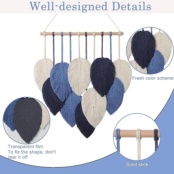 Weldomcor Macrame Wall Hanging Leaves Chic Woven Leaf Tassels Decoration Cotton Ornaments Tapestry Room Decor Modern Bohemian Handmade Feather Wall Art Decorations for Apartment Backdrop (Navy Blue)