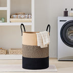 VIPOSCO Large Laundry Hamper, Tall Woven Rope Storage Basket for Blanket, Toys, Dirty Clothes in Living Room, Bathroom, Bedroom - 100L Brown & Black