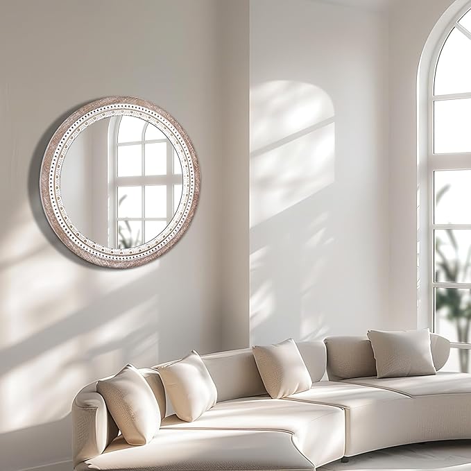 30" Wooden Round Mirrors for Wall Decor, Farmhouse Rustic Circle Decorative Mirror with White Wash Beads for Bathroom Over Sink, Bedroom, Living Room, Entryway