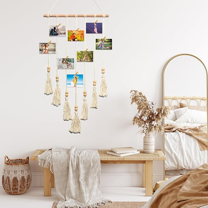 Hanging Photo Display Wall Decor Macrame Wall Hanging Boho Collage Picture Frames Decor for Dorm Bedroom Living Room Teen Girl Gifts-A